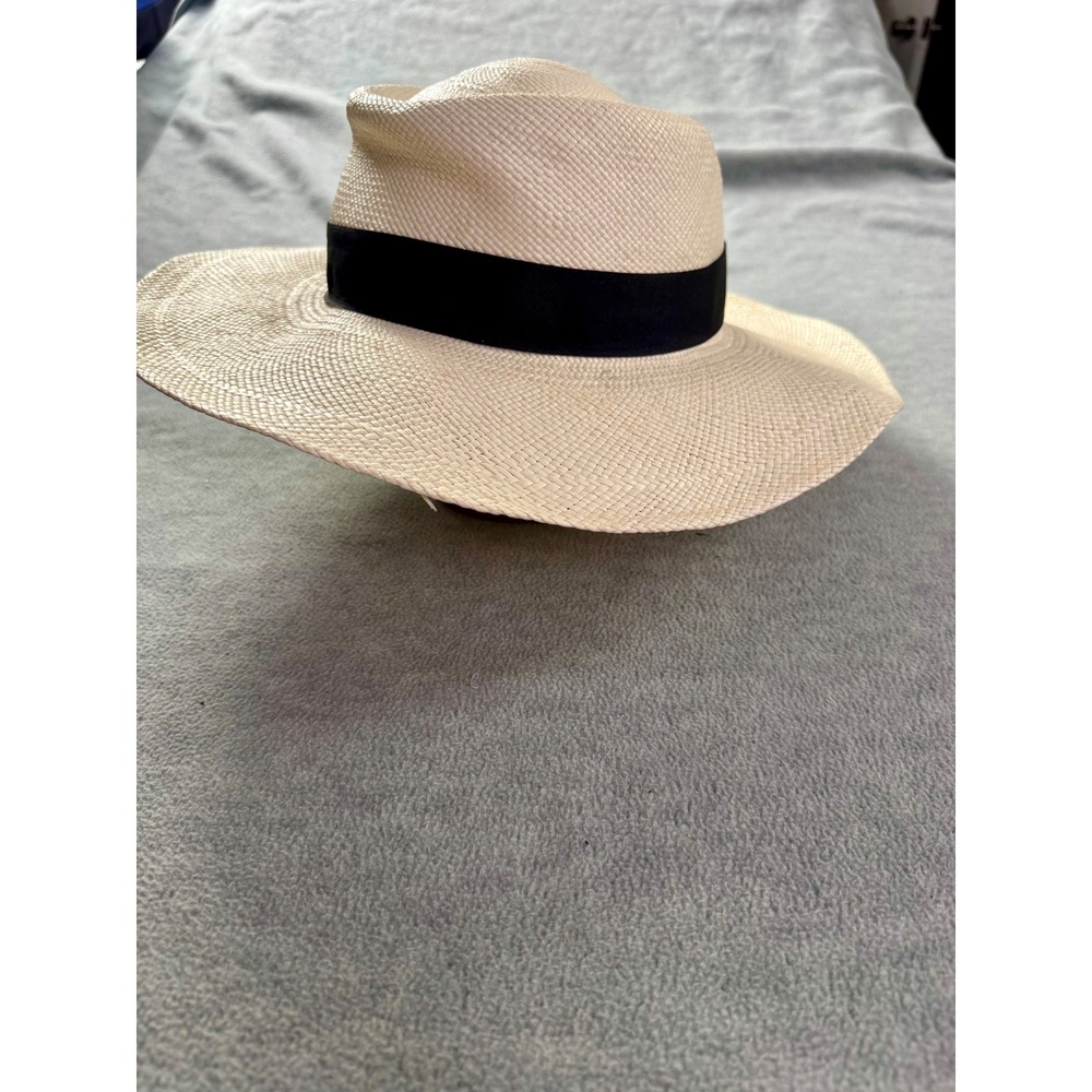 Gamboa Genuine Panama Hat Cream Straw Wide Brim Fedora with Black Ribbon Band